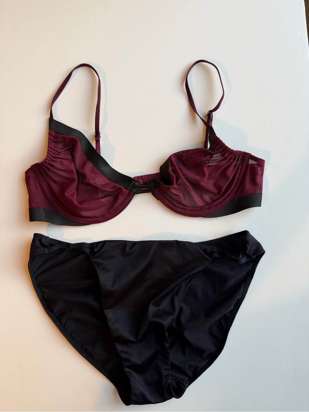 Victoria's Secret Burgundy Sheer Mesh Underwire Bra with Black Bikini Brief